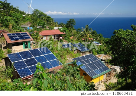 High-Tech Self-Sustaining Village on Remote Island with Solar Panels High-Tech Self-Sustaining Village on Remote Island with Solar Panels 138663451