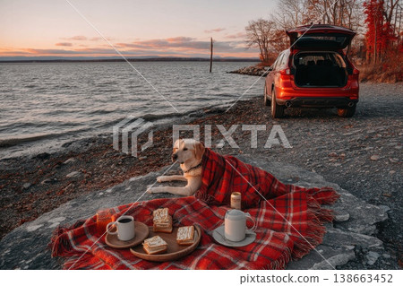 Cozy Picnic Scene by the Trunk of a Car During Golden Hour at the Lake Cozy Picnic Scene by the Trunk of a Car During Golden Hour at the Lake 138663452