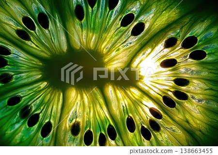 Close-Up View of Vibrant Kiwi Slices Highlighting Unique Seed Patterns 138663455