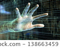 Futuristic AI Assistant Hand in 3D Virtual Environment with Digital Patterns 138663459