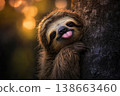 Sleepy Sloth Hanging Lazily From Tree in Warm Sunset Glow 138663460