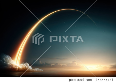 Stunning Long Exposure Image of Rocket Climbing Against Colorful Sky at Sunrise 138663471