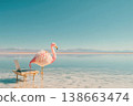 Pink Flamingo Standing by Shallow Lagoon with Laptop on Wooden Desk Setup 138663474