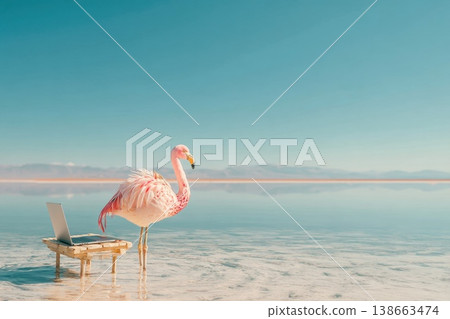 Pink Flamingo Standing by Shallow Lagoon with Laptop on Wooden Desk Setup 138663474