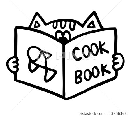 Hand drawn outline of cat reading cook book for kid colouring book, chef, cooking, cartoon character, comic, mascot, kitten drawing, animal, kid doll, cafe, restaurant, menu, recipe, kitchen, cuisine Hand drawn outline of cat reading cook book for kid colouring book, chef, cooking, cartoon character, comic, mascot, kitten drawing, animal, kid doll, cafe, restaurant, menu, recipe, kitchen, cuisine 138663683