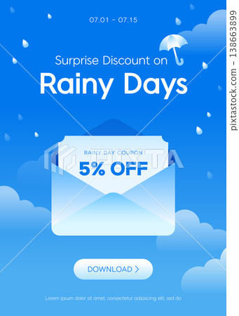Rainy Day Surprise Discount Banner with 5% Off Coupon and Blue Cloud Background Rainy Day Surprise Discount Banner with 5% Off Coupon and Blue Cloud Background 138663899