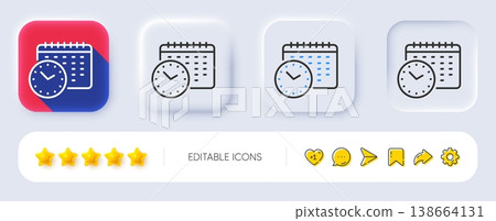 Calendar time line icon. Neumorphic, Flat shadow, 3d buttons. Clock sign. Watch symbol. Line calendar time icon. Social media icons. Vector 138664131