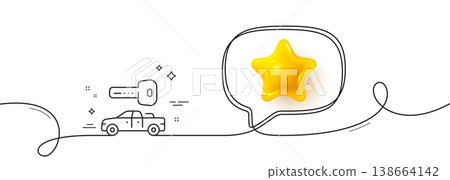 Car key line icon. Continuous line with 3d star. Rent transport sign. Buy new vehicle symbol. 3d star in speech bubble. Car key single line ribbon. Loop curve pattern. Vector 138664142