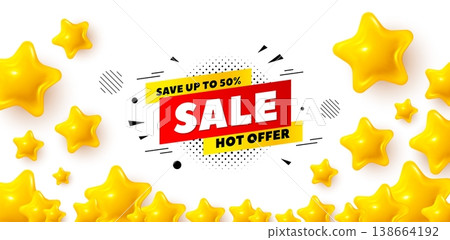 Sale 50 percent winner banner with 3d stars. Golden stars banner. Sale 50 percent off banner. Discount sticker shape. Hot offer icon. Review rate background. Vector Sale 50 percent winner banner with 3d stars. Golden stars banner. Sale 50 percent off banner. Discount sticker shape. Hot offer icon. Review rate background. Vector 138664192