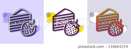 Cake line icon. Halftone dotted pattern. Gradient icon with grain shadow. Sweet strawberry sign. Confectionery or pastry symbol. Line cake icon. Various designs. Vector 138664254