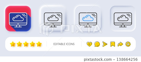 Computer line icon. Neumorphic, Flat shadow, 3d buttons. Cloud storage service sign. Monitor symbol. Line cloud storage icon. Social media icons. Vector 138664256