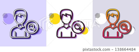 Search User line icon. Halftone dotted pattern. Gradient icon with grain shadow. Profile Avatar with Magnifying glass sign. Male Person silhouette symbol. Line search people icon. Vector Search User line icon. Halftone dotted pattern. Gradient icon with grain shadow. Profile Avatar with Magnifying glass sign. Male Person silhouette symbol. Line search people icon. Vector 138664484