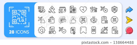 Qr code line icons. Interest rate, AI generate, Inflation icons. Vaccination certificate, phone qr scan and qrcode document set. Vector Qr code line icons. Interest rate, AI generate, Inflation icons. Vaccination certificate, phone qr scan and qrcode document set. Vector 138664488