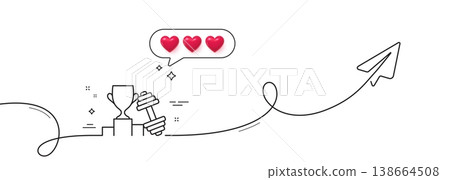 Dumbbell with winner cup line icon. Continuous line with share plane. Workout equipment sign. Gym fit symbol. Hearts rate review in speech bubble. Dumbbell single line ribbon. Vector Dumbbell with winner cup line icon. Continuous line with share plane. Workout equipment sign. Gym fit symbol. Hearts rate review in speech bubble. Dumbbell single line ribbon. Vector 138664508