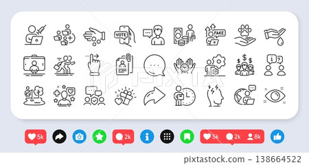 Pets care, Vaccination appointment and Interview documents line icons pack. Social media: share, comment, like icons. Selfie stick, Money profit, Person talk web icon. Vector Pets care, Vaccination appointment and Interview documents line icons pack. Social media: share, comment, like icons. Selfie stick, Money profit, Person talk web icon. Vector 138664522