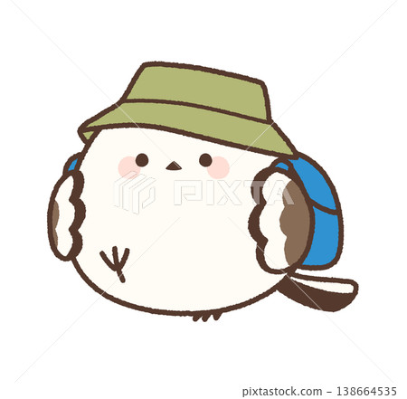 一隻長尾山雀一邊走一邊抓著背包的肩帶。 一隻長尾山雀一邊走一邊抓著背包的肩帶。 138664535
