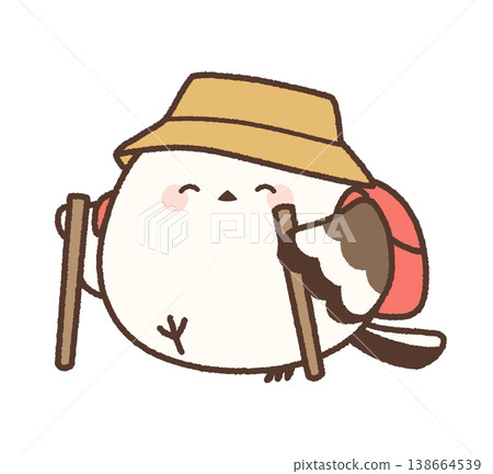 An illustration of a long-tailed tit hiking, smiling and using a wooden stick as a walking stick. An illustration of a long-tailed tit hiking, smiling and using a wooden stick as a walking stick. 138664539