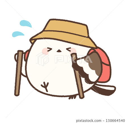 An illustration of a long-tailed tit hiking, using a wooden stick as a walking stick. An illustration of a long-tailed tit hiking, using a wooden stick as a walking stick. 138664540