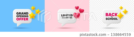 Limited quantities chat speech bubble. 3d stars, sparkles, hearts chat bubbles. Limited quantities tag. Special offer sign. Sale promotion symbol. Final sale, Back to school tag. Vector Limited quantities chat speech bubble. 3d stars, sparkles, hearts chat bubbles. Limited quantities tag. Special offer sign. Sale promotion symbol. Final sale, Back to school tag. Vector 138664559