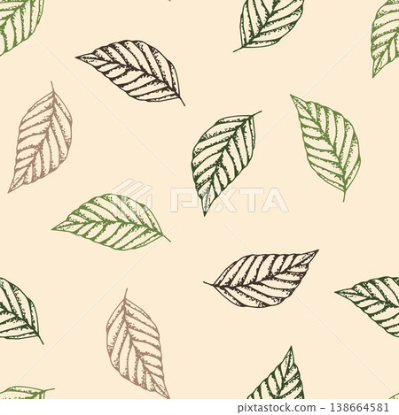 Hand drawn simple gentle vector seamless pattern in pastel colors. Green, brown leaf contour on a light beige-pink background. For prints of fabric, textiles, wallpaper, bedding. 138664581