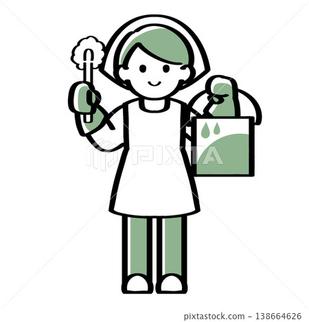 A hand-drawn illustration of a person holding a mop and a bucket. A hand-drawn illustration of a person holding a mop and a bucket. 138664626