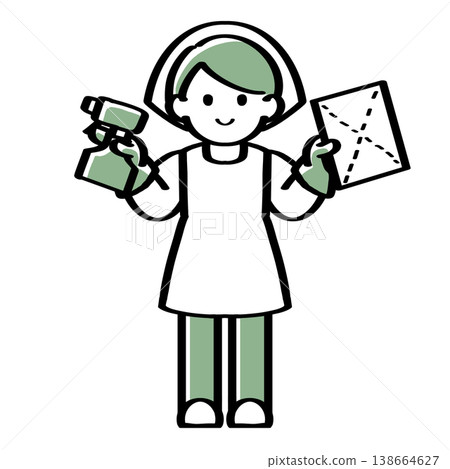 A hand-drawn illustration of a person holding a spray bottle and a cloth. 138664627