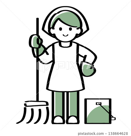 A hand-drawn illustration of a person holding a mop. 138664628