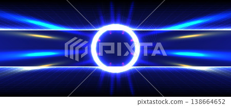 Blue glowing neon circle on dark perspective grid with horizontal light streaks 138664652