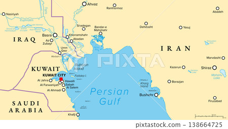 Head of the Persian Gulf, political map showing Kuwait, a country in West Asia and the Middle East, in the edge of Arabian Peninsula, with Bubiyan Island, part of the Shatt al-Arab river delta. Vector 138664725