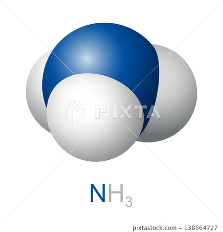 Ammonia molecule, NH3, space-filling model. Inorganic chemical compound of nitrogen and hydrogen. Stable binary hydride and simplest pnictogen hydride, used in fertilizers, refrigerants, etc. Vector 138664727