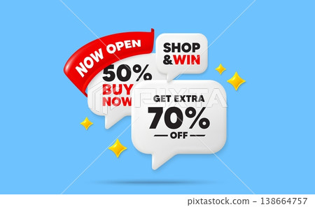 Extra discount speech bubbles. Now open flag ribbon. Get Extra 70 percent off Sale. Discount offer price sign. Special offer symbol. Save 70 percentages. Discount chat bubbles with 3d sparkles. Vector 138664757