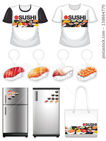 Sushi Themed Merchandise Set with T-shirts Keychains Magnets and Tote Bag 138664770