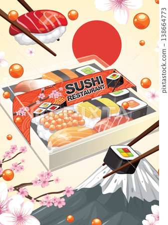 Japanese Sushi Restaurant Bento Box Vector Illustration with Cherry Blossoms Japanese Sushi Restaurant Bento Box Vector Illustration with Cherry Blossoms 138664773