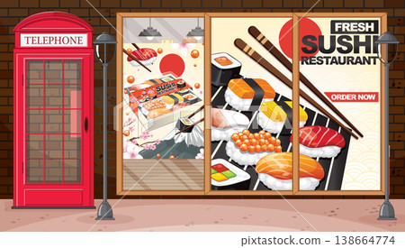 Fresh Sushi Restaurant Storefront with Red Telephone Booth and Street Lamps 138664774