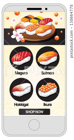 Mobile App Interface for Ordering Fresh Japanese Sushi and Nigiri 138664778