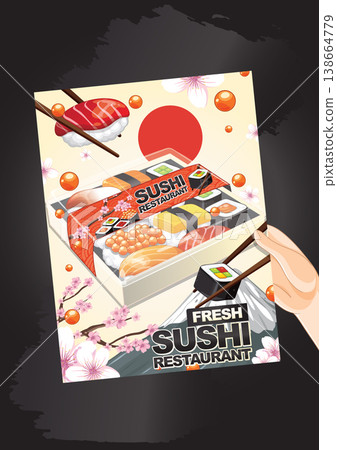 Hand Holding a Fresh Sushi Restaurant Menu Flyer Illustration Hand Holding a Fresh Sushi Restaurant Menu Flyer Illustration 138664779