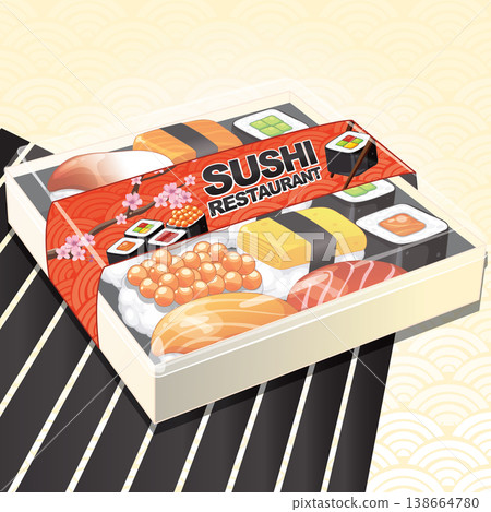 Vector Illustration of a Japanese Sushi Restaurant Takeout Bento Box 138664780