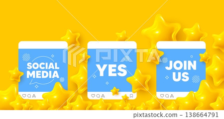 Yes social media post. Join us template mockup. Yes text tag. Approved ok message. Done or Good deal symbol. Like, comment and share icons. Vector 138664791