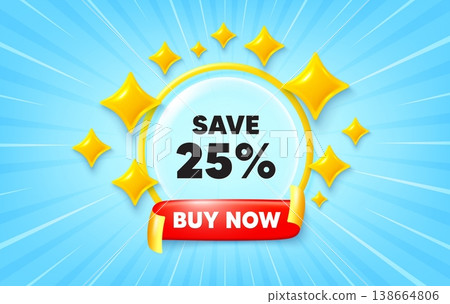 Discount sunburst ray banner. Buy now flag ribbon. Save 25 percent off tag. Sale Discount offer price sign. Special offer symbol. 3d stars glitter. Red ribbon tag. Discount offer. Vector 138664806