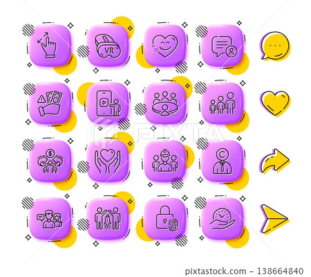 Hold heart, Vr and Sharing economy line icons. App 3d buttons. Social media comment, share, like icons. Pack of Fraud, Touchscreen gesture, People talking icon. Vector Hold heart, Vr and Sharing economy line icons. App 3d buttons. Social media comment, share, like icons. Pack of Fraud, Touchscreen gesture, People talking icon. Vector 138664840