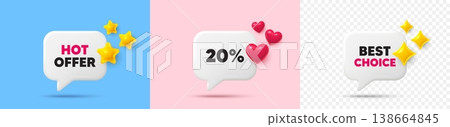 Discount chat speech bubble. 3d stars, sparkles, hearts chat bubbles. 20 percent off sale tag. Discount offer price sign. Special offer symbol. Hot offer, best choice tag. Vector Discount chat speech bubble. 3d stars, sparkles, hearts chat bubbles. 20 percent off sale tag. Discount offer price sign. Special offer symbol. Hot offer, best choice tag. Vector 138664845