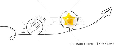 Dont touch line icon. Continuous line with share plane. Hand warning sign. Hygiene notification symbol. 3d star in speech bubble. Dont touch single line ribbon. Loop curve pattern. Vector 138664862