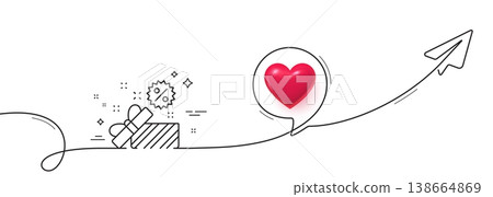 Sale gift box line icon. Continuous line with share plane. Shopping discounts sign. Clearance symbol. 3d heart in speech bubble. Sale single line ribbon. Loop curve pattern. Vector Sale gift box line icon. Continuous line with share plane. Shopping discounts sign. Clearance symbol. 3d heart in speech bubble. Sale single line ribbon. Loop curve pattern. Vector 138664869