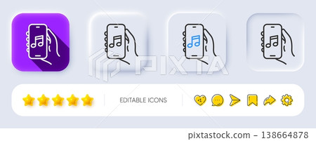 Music app line icon. Neumorphic, Flat shadow, 3d buttons. Hand hold phone sign. Cellphone with screen notification symbol. Line music app icon. Social media icons. Vector 138664878