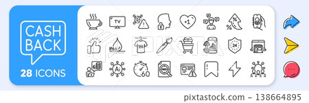 Internet warning, Dry t-shirt and Conversation messages line icons. Interest rate, AI generate, Inflation icons. Pack of Unlock system, Tv, Shopping trolley icon. Vector Internet warning, Dry t-shirt and Conversation messages line icons. Interest rate, AI generate, Inflation icons. Pack of Unlock system, Tv, Shopping trolley icon. Vector 138664895