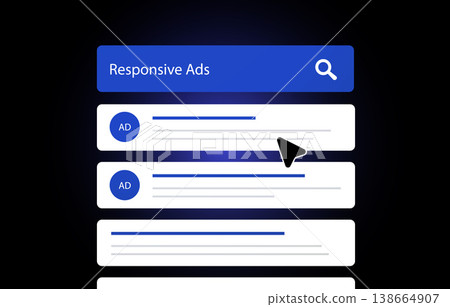 Responsive ads interface shows search results with sponsored listings and click interaction. Responsive ads interface displays ad preview digital campaign placement on search page vector illustration 138664907