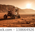 太空人和探測車在火星表面執行太空任務，背景是岩石遍布的沙漠荒野和山脈。 138664926