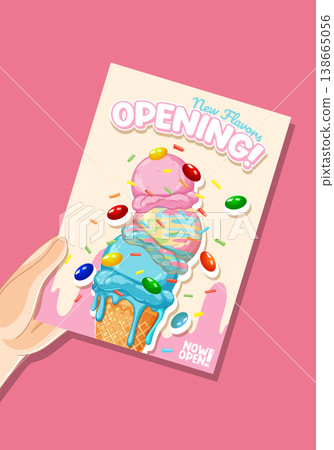 Hand Holding Ice Cream Shop Grand Opening Flyer Illustration 138665056