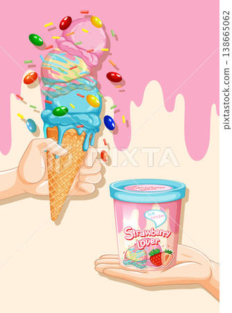 Hands Holding Colorful Ice Cream Cone and Strawberry Ice Cream Tub 138665062