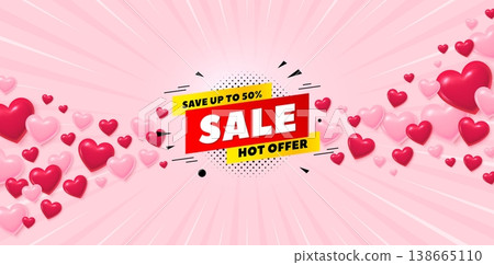 Sale 50 percent love banner with 3d hearts. Sunburst flare background. Sale 50 percent off banner. Discount sticker shape. Hot offer icon. Valentines day greeting card. Vector 138665110